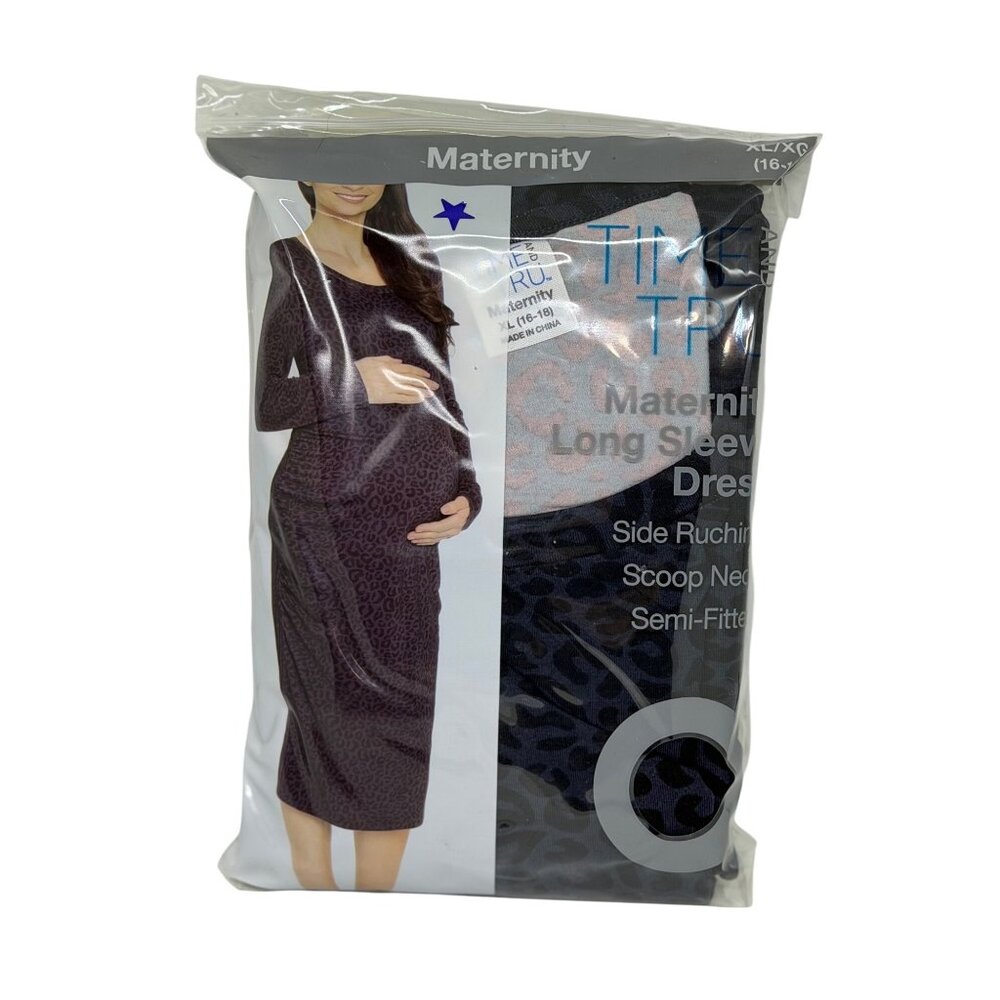 NEW Time and Tru Maternity Dress LS XL 16-18 Navy Blue Leopard Print Semi-Fitted